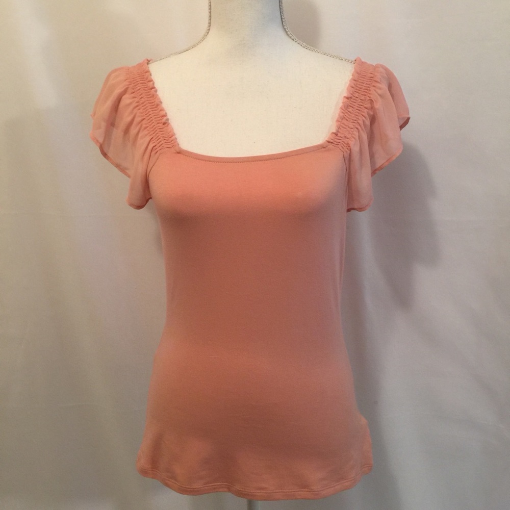 Express coral top sheer sleeves square neckline